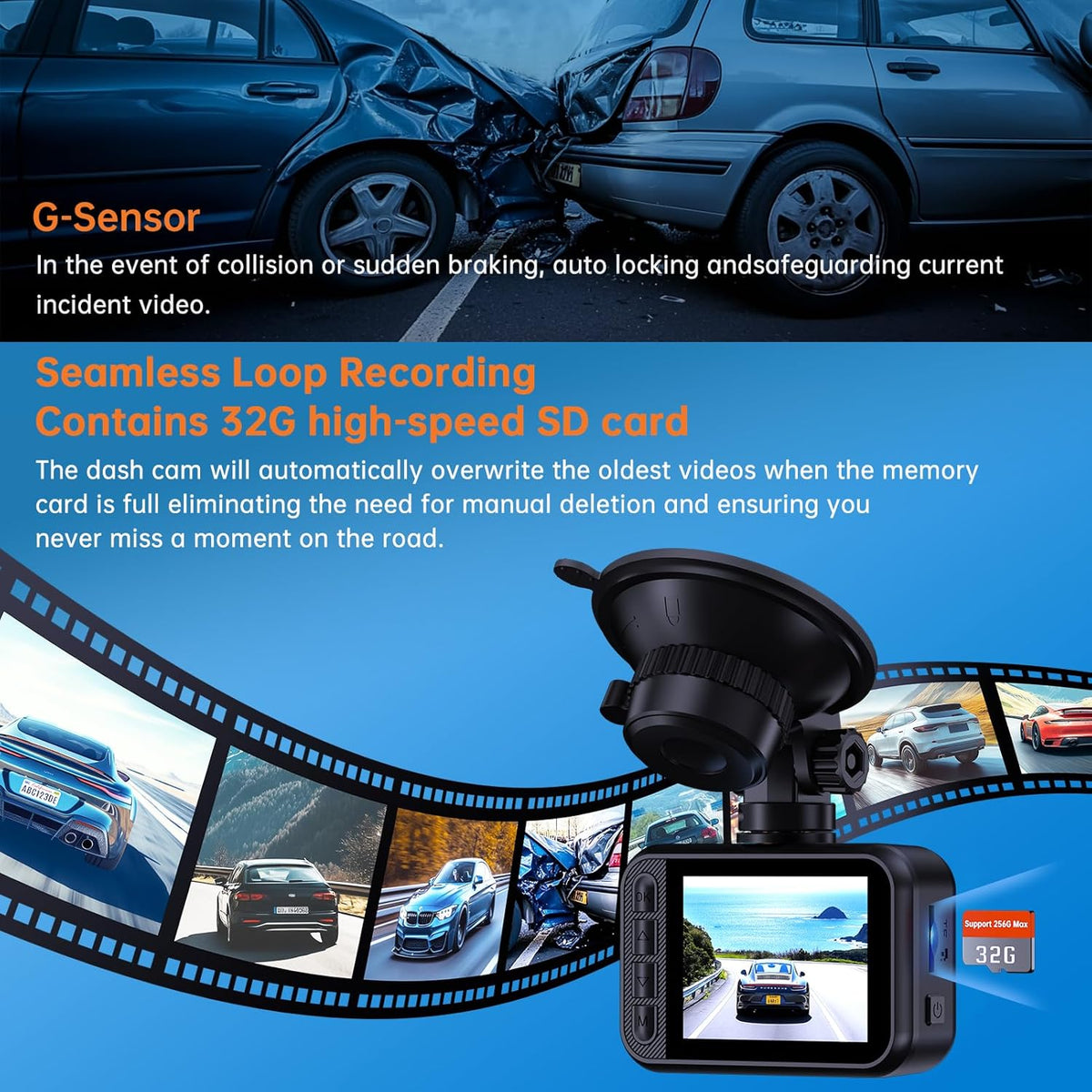 Dash Cam Front and Rear, 2.5K Dual Dash Camera for Cars, 2560P Mini Car Camera, 2 inch IPS Screen, 32GB Card Included, WDR Night Vision