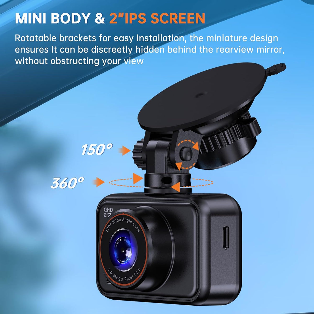 Dash Cam Front and Rear, 2.5K Dual Dash Camera for Cars, 2560P Mini Car Camera, 2 inch IPS Screen, 32GB Card Included, WDR Night Vision