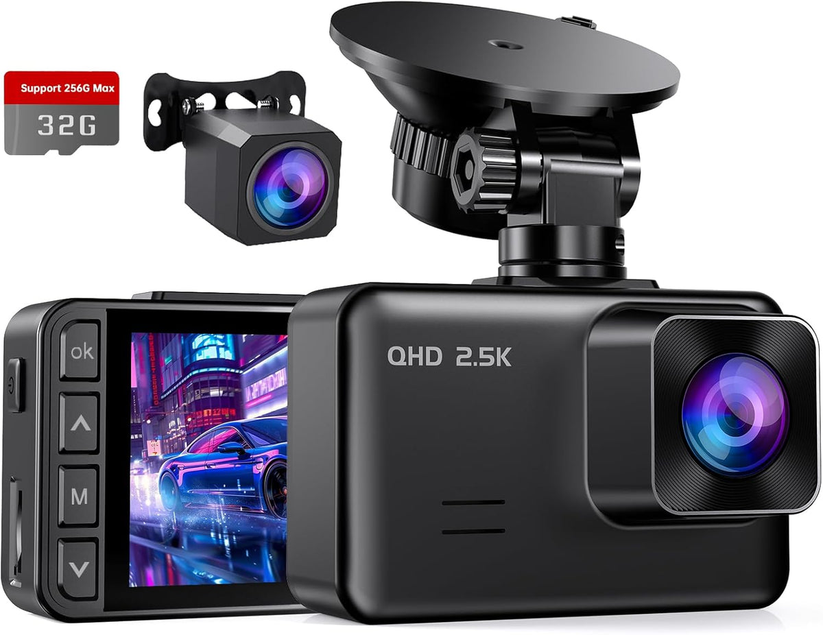 Dash Cam Front and Rear, 2.5K+1080P Dual Dash Camera for Cars, 2’’ Display Mini Car Camera, G-Sensor Dashcam, Night Vision, 24H Parking Mode