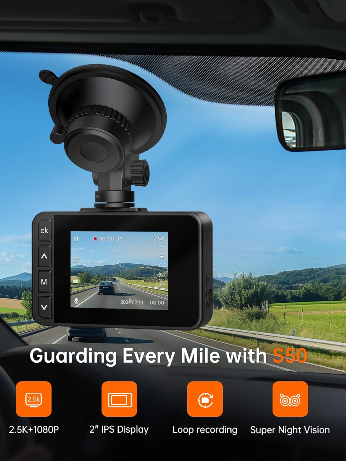 Dash Cam Front and Rear, 2.5K+1080P Dual Dash Camera for Cars, 2’’ Display Mini Car Camera, G-Sensor Dashcam, Night Vision, 24H Parking Mode
