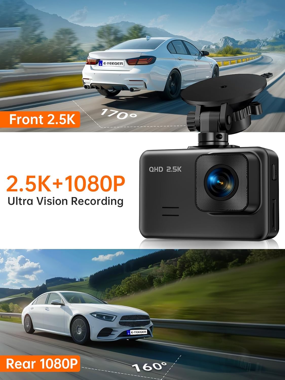 Dash Cam Front and Rear, 2.5K+1080P Dual Dash Camera for Cars, 2’’ Display Mini Car Camera, G-Sensor Dashcam, Night Vision, 24H Parking Mode