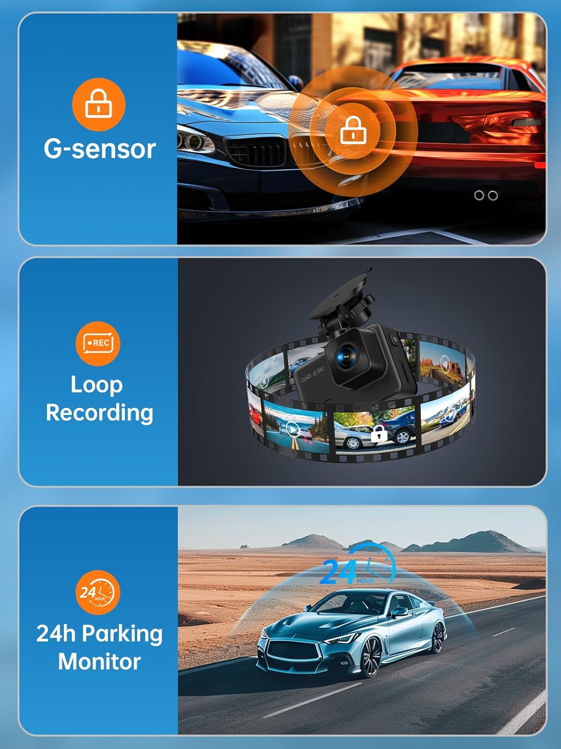 Dash Cam Front and Rear, 2.5K+1080P Dual Dash Camera for Cars, 2’’ Display Mini Car Camera, G-Sensor Dashcam, Night Vision, 24H Parking Mode
