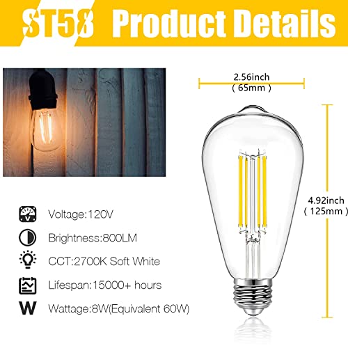 DAYBETTER 4 Pack Vintage LED Edison Bulbs, E26 Led Bulb 60W Equivalent, Dimmable Led Light Bulbs, High Brightness 800 LM Warm White 2700K