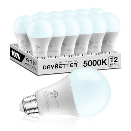 DAYBETTER LED Light Bulbs, A19 5000K Daylight Light Bulbs 100 Watt Equivalent, 1500LM Bright White Light Bulbs, E26 Standard Base (12 Pack)