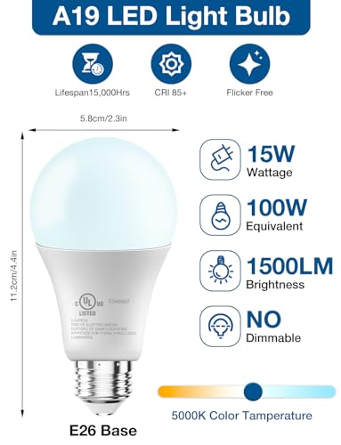 DAYBETTER LED Light Bulbs, A19 5000K Daylight Light Bulbs 100 Watt Equivalent, 1500LM Bright White Light Bulbs, E26 Standard Base (12 Pack)
