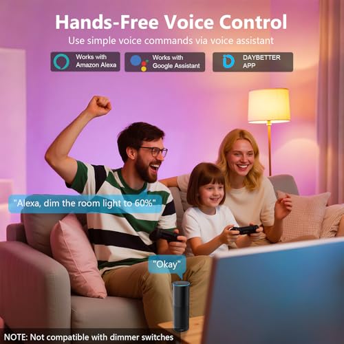 DAYBETTER Smart Light Bulbs, RGBCW Color Changing Smart Bulb Compatible with Alexa & Google Home, Preset Scene, Music Sync (6 Pack)