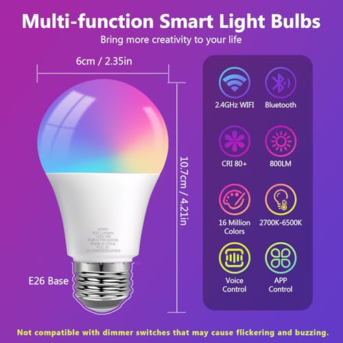 DAYBETTER Smart Light Bulbs, RGBCW Color Changing Smart Bulb Compatible with Alexa & Google Home, Preset Scene, Music Sync (6 Pack)