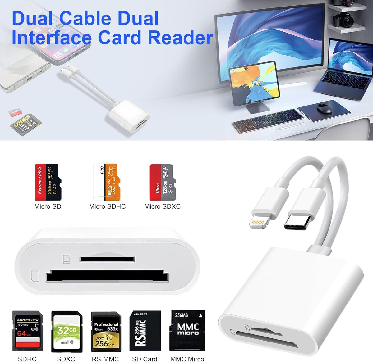 Denlane SD Card Reader for iPhone iPad, USB C & Lightning Dual Interface Memory Card Reader, Digital Camera Adapter to iPhone/MacBook/USBC Laptop