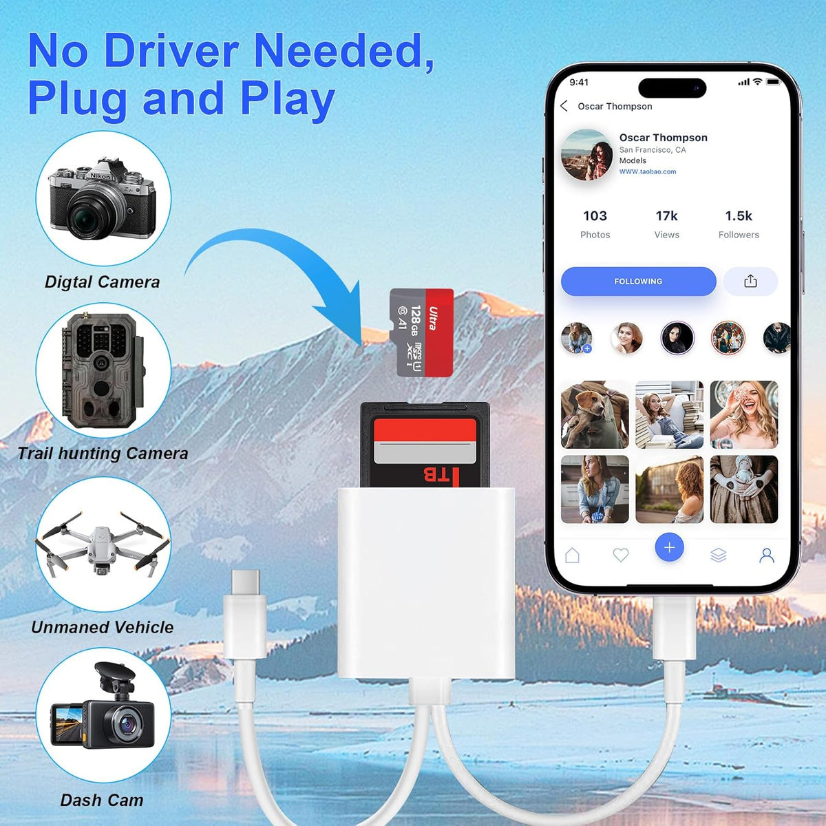 Denlane SD Card Reader for iPhone iPad, USB C & Lightning Dual Interface Memory Card Reader, Digital Camera Adapter to iPhone/MacBook/USBC Laptop
