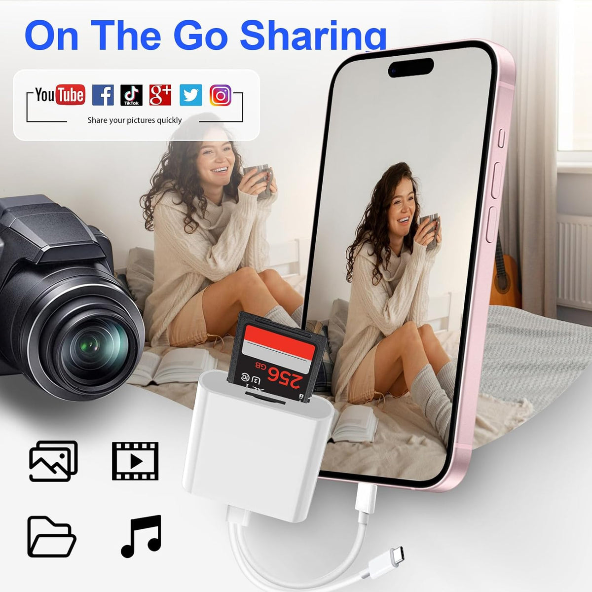 Denlane SD Card Reader for iPhone iPad, USB C & Lightning Dual Interface Memory Card Reader, Digital Camera Adapter to iPhone/MacBook/USBC Laptop