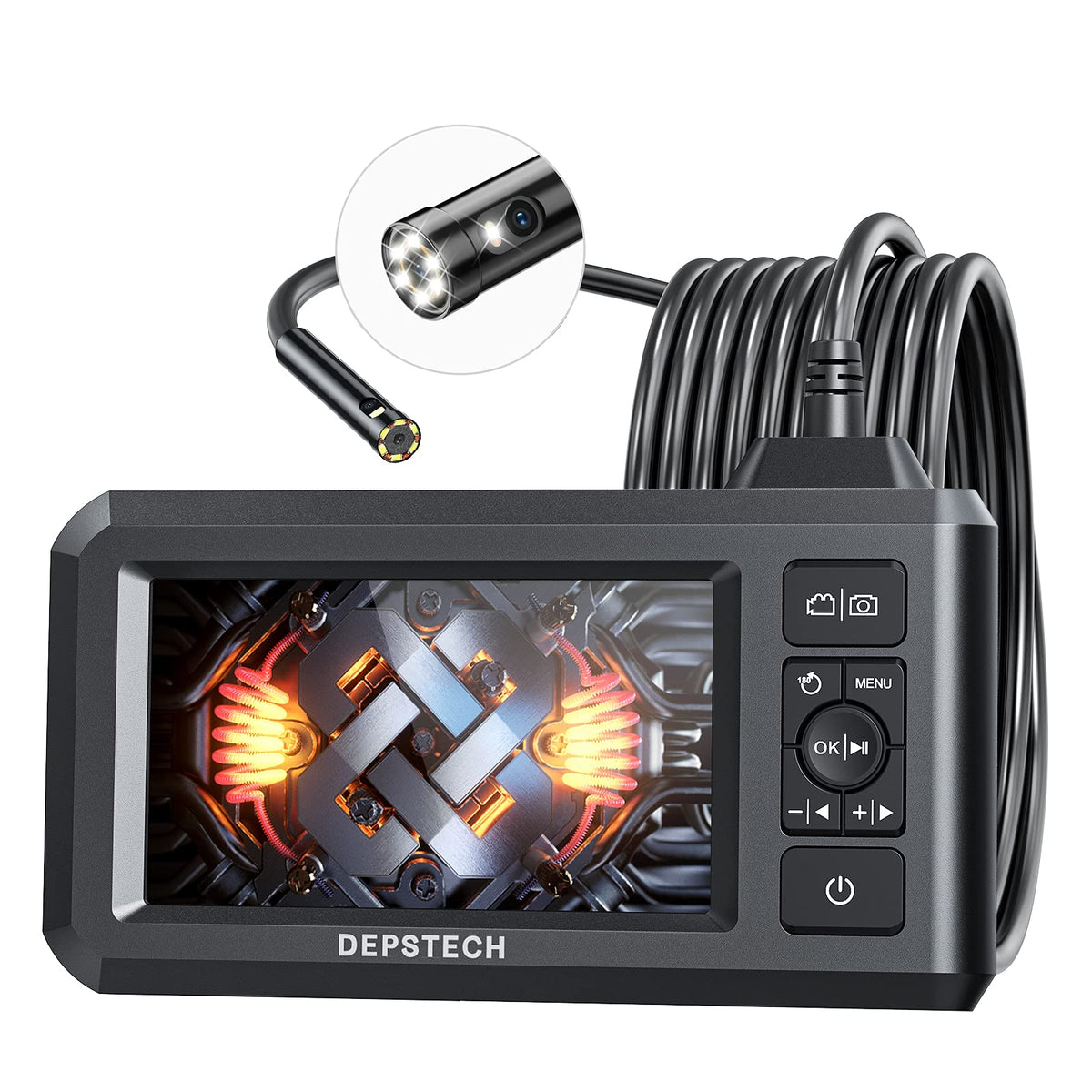 DEPSTECH Dual Lens Industrial Endoscope, 1080P Digital Borescope Inspection Camera, 7.9mm IP67 Waterproof Sewer Camera with 4.3" LCD Screen