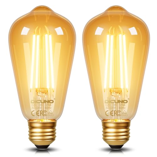 DiCUNO E26 Edison Bulbs 60W, 2200K Amber Warm, 6W LED Edison Bulb ST64, Amber Glass, Vintage LED Light for Home, 600LM, Non-Dimmable (Pack of 2)