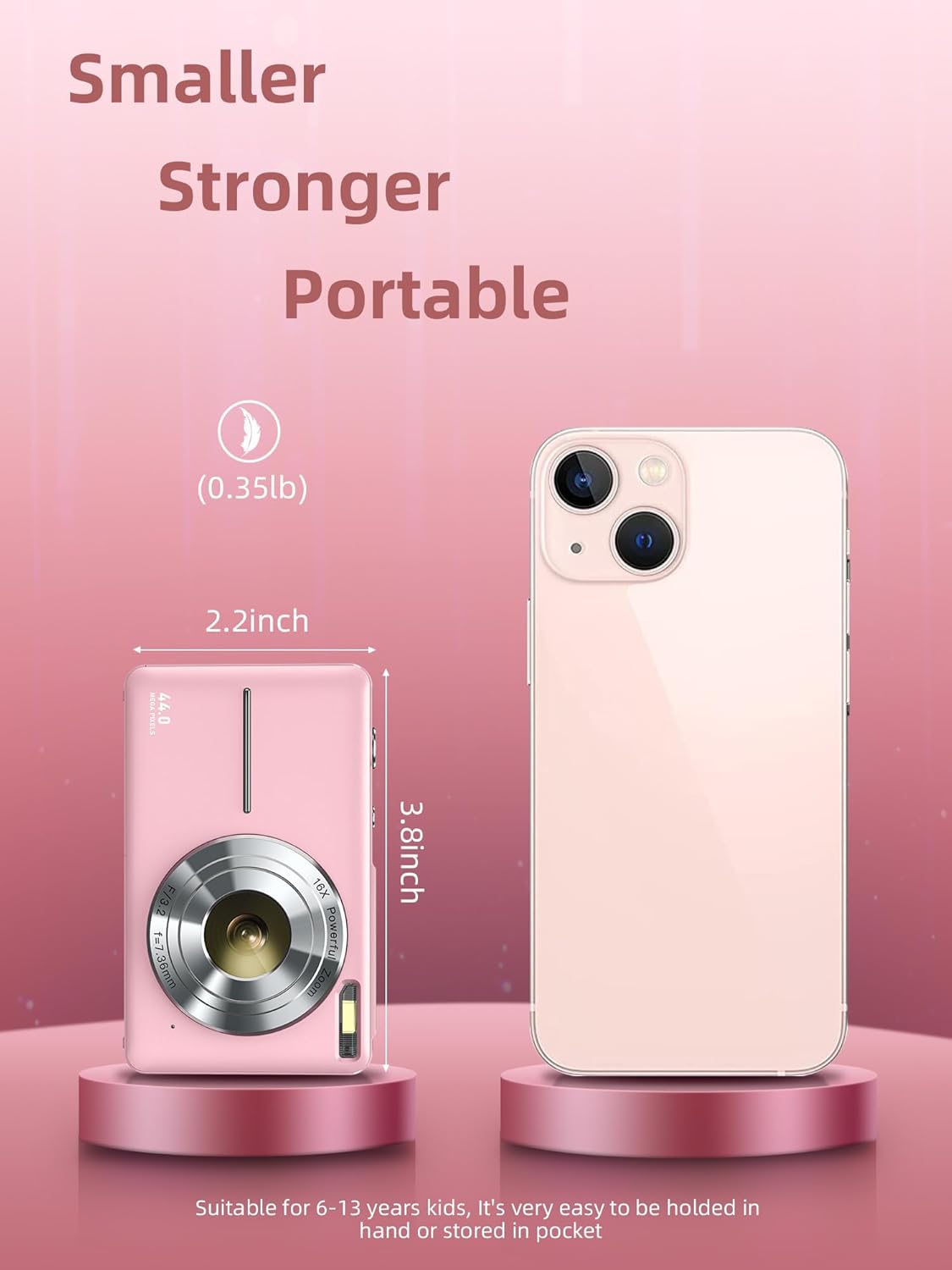 Digital Camera, FHD 1080P Digital Point and Shoot Camera with 16X Zoom Anti Shake, 32GB Card, Compact Small Camera for Boys Girls Kids, Pink