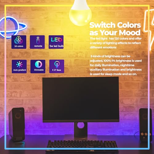 Droiee Dimmable E26 Warm LED Light Bulb, 6W RGBW Color 500LM with 16 Color Changing Modes for Christmas, Party etc with Remote Control 2 Pack