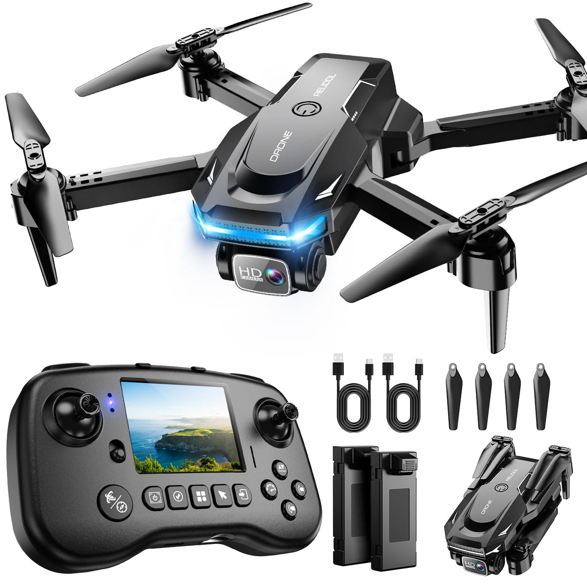 Drone with Camera - Drone with Screen on Controller for Beginners, Foldable Remote Control Quadcopter with Gesture Control, 3D Flip, One Key Start