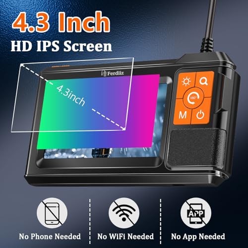 Dual-Lens Endoscope with Light, Endoscope Camera with Light with 4.3" IPS Screen, 1920P HD with 8 LED Lights, 16.4ft Semi-Rigid Cable