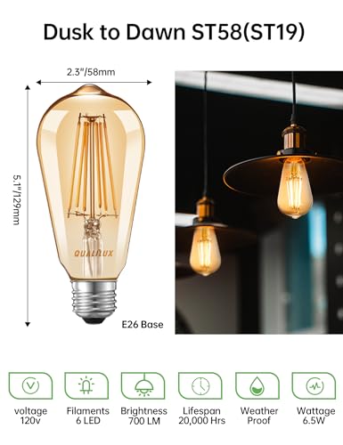 Dusk to Dawn Edison Light Bulbs ST19, Vintage Amber Glass, 2300K Amber Warm, 6.5W=60W, Non-Dimmable Auto