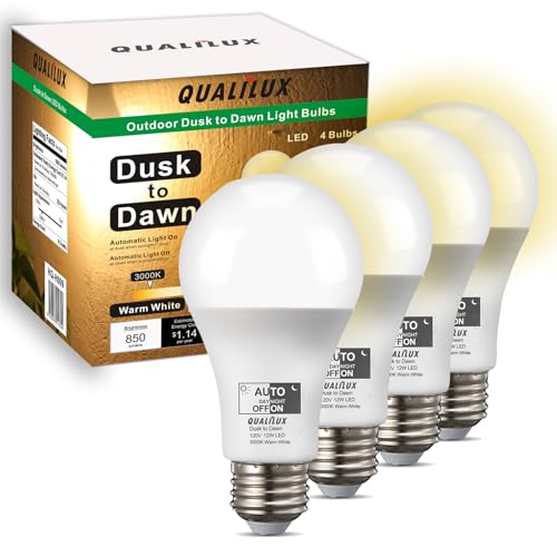 Dusk to Dawn LED Light Bulbs Outdoor, Automatic On/Off, 60W Equivalent, Warm White 3000K, Energy Efficient 9.5W, 850 Lumen, A19, E26 Base, 4-Pack