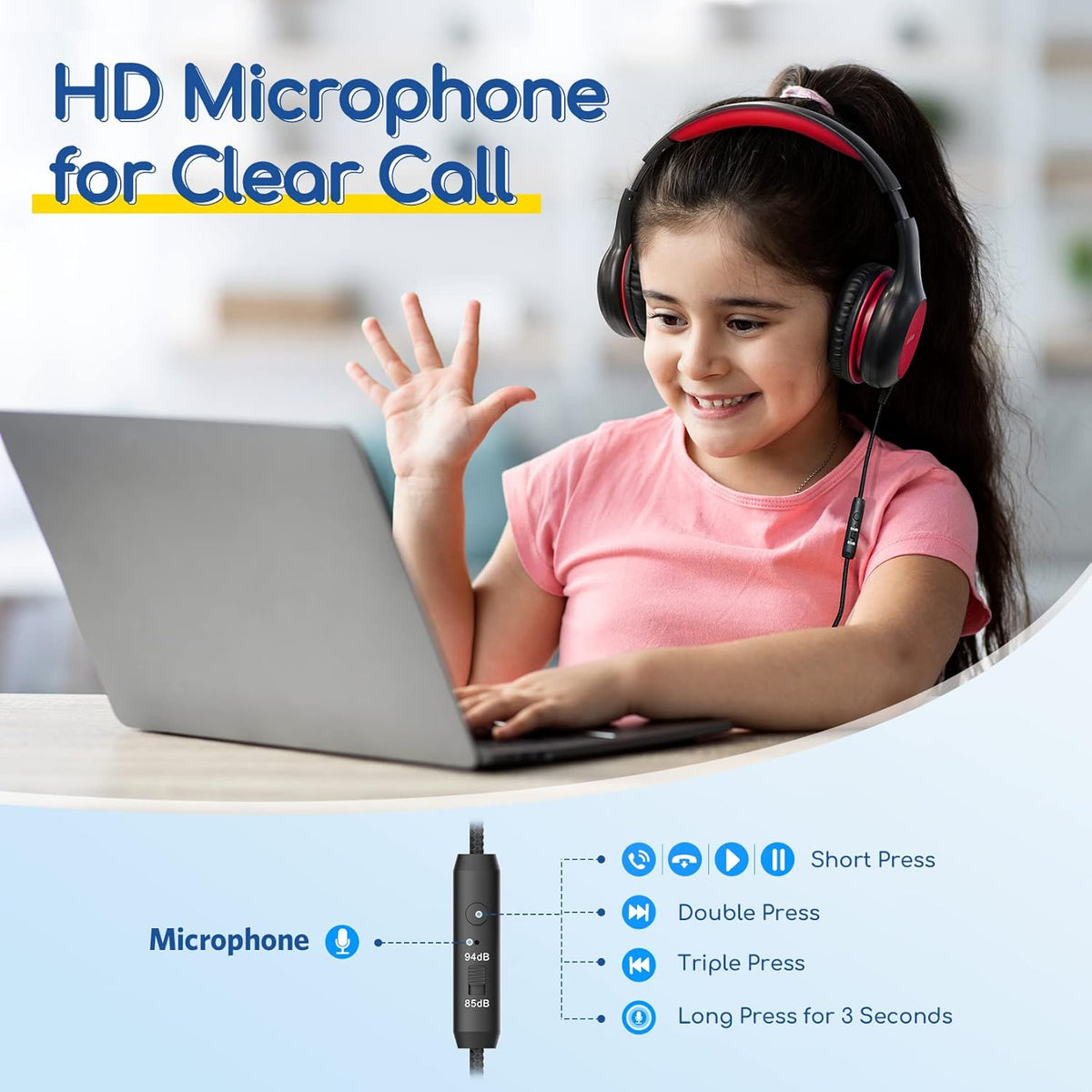 EarFun K1 Kids Headphones Wired with Microphone, 85/94dB Volume Limit Headphones for Kids, Portable Wired Headphone with Shareport