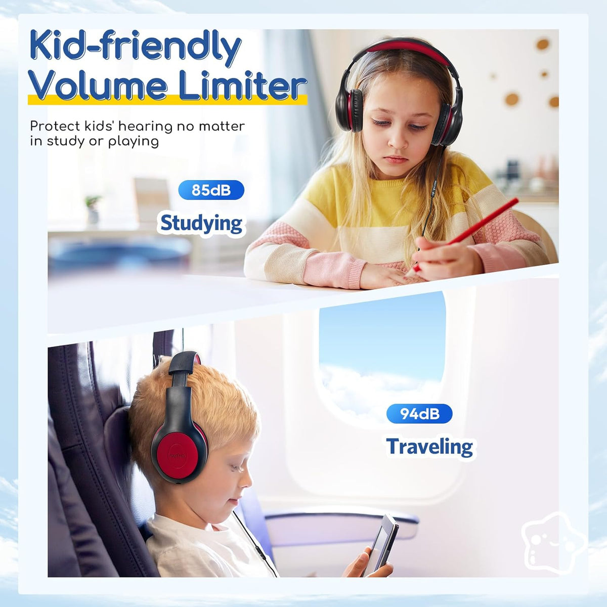 EarFun K1 Kids Headphones Wired with Microphone, 85/94dB Volume Limit Headphones for Kids, Portable Wired Headphone with Shareport
