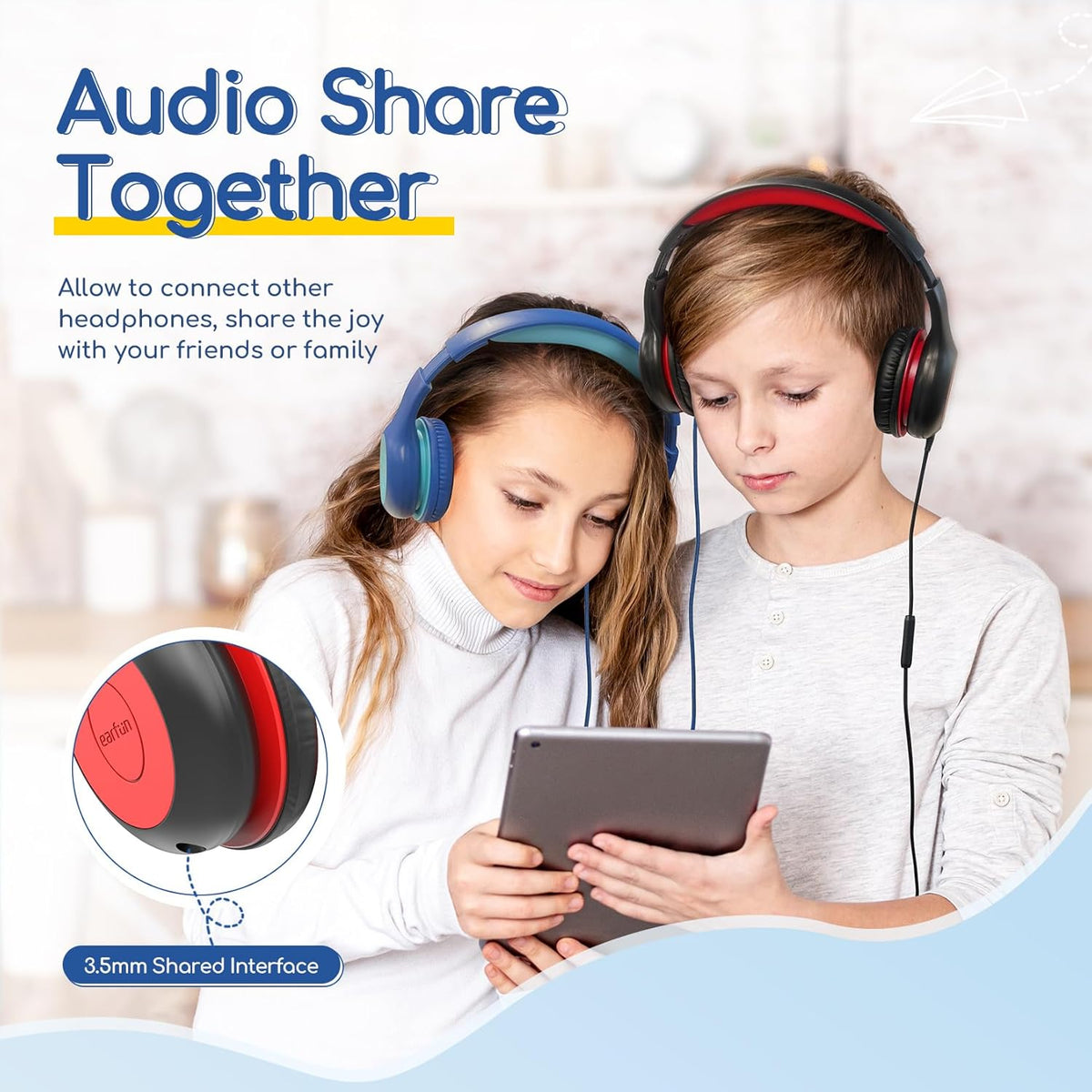 EarFun K1 Kids Headphones Wired with Microphone, 85/94dB Volume Limit Headphones for Kids, Portable Wired Headphone with Shareport