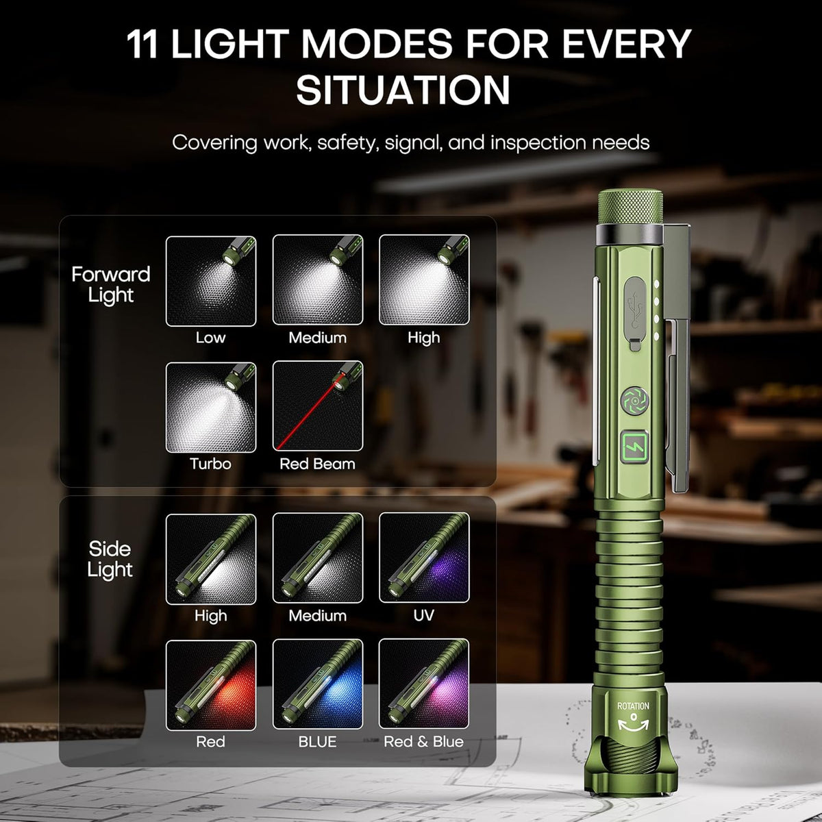 EDC Flashlight Rechargeable, 800 Lumen Small Flashlight with Magnetic Clip & Base, 11 Modes LED Flashlight, Glass Breaker&Bottle Opener