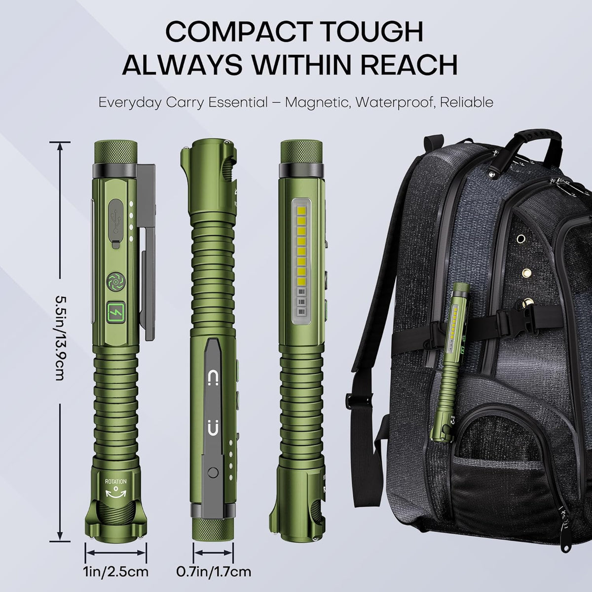 EDC Flashlight Rechargeable, 800 Lumen Small Flashlight with Magnetic Clip & Base, 11 Modes LED Flashlight, Glass Breaker&Bottle Opener