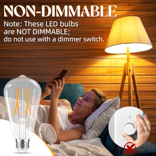 Edison Bulbs, E26 LED Bulb 60 watt Equivalent, Non-Dimmable, Soft White 2700K, ST58 Vintage Light Bulbs, 90+ CRI, 6W 600LM, E26 Medium Base (12 Pack)