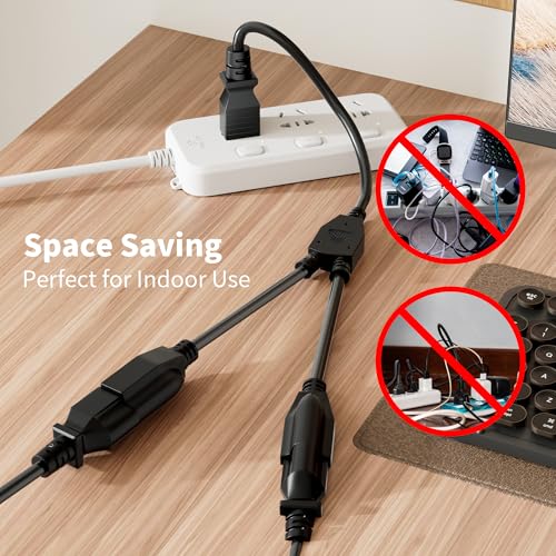 Elecan 3-Prong Y Splitter Power Extension Cord 1 FT, Straight Plug 1 to 2 Way Outlet Space Saver, Heavy Duty Weatherproof SJTW, 16AWG 13A