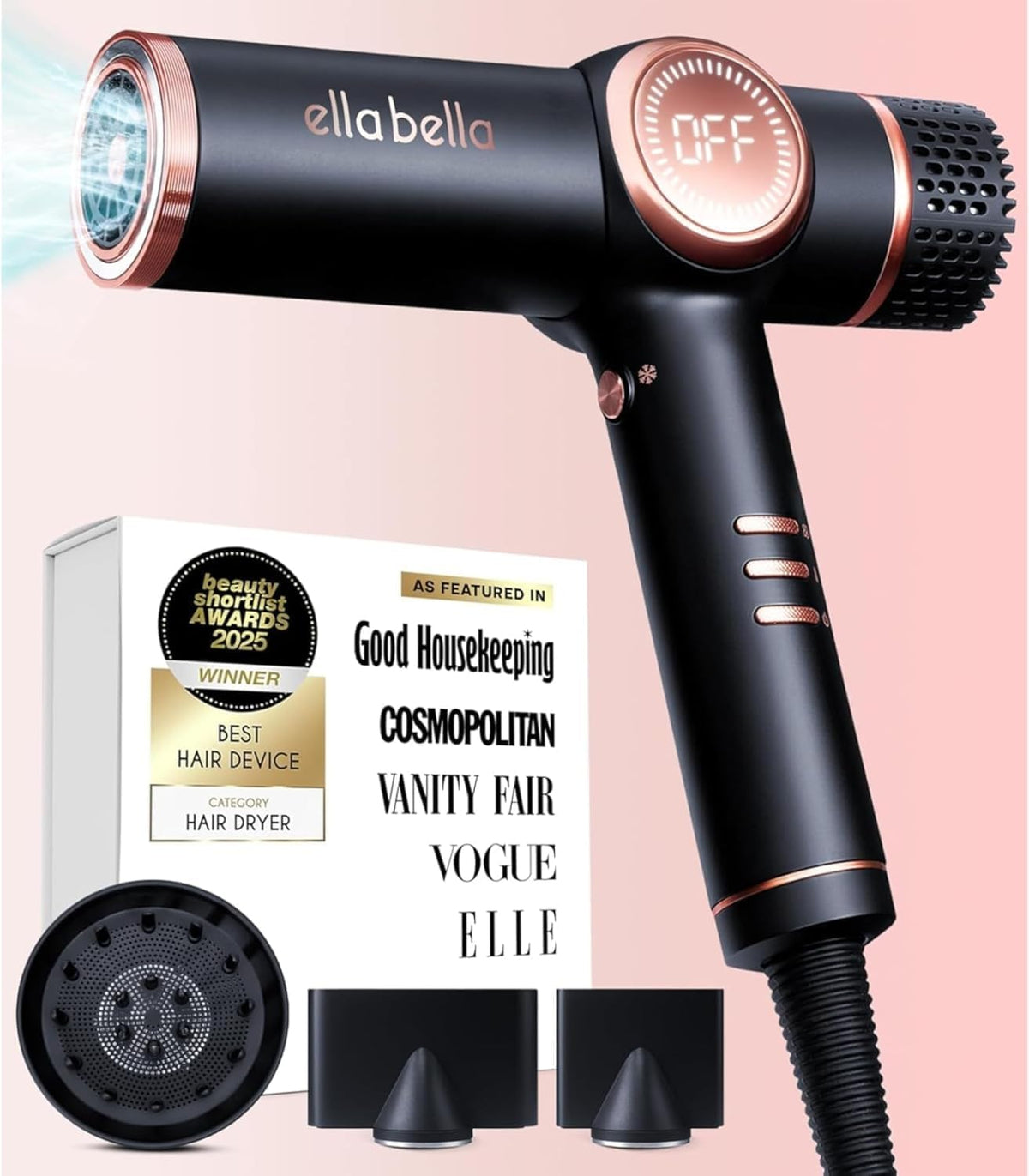 Professional Ionic Hair Dryer with Diffuser • Negative Ion Blow Dryer • Suitable All Hair Types • Intelligent Heat Control & Rapid Drying Speeds •