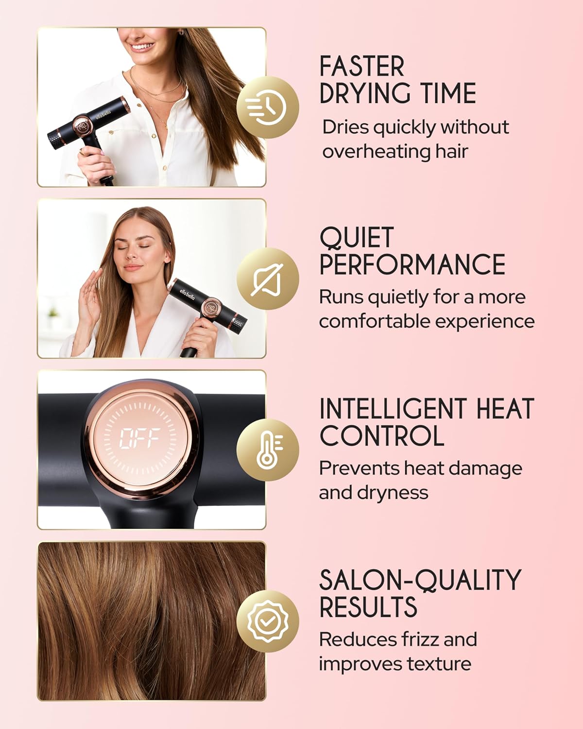 Professional Ionic Hair Dryer with Diffuser • Negative Ion Blow Dryer • Suitable All Hair Types • Intelligent Heat Control & Rapid Drying Speeds •