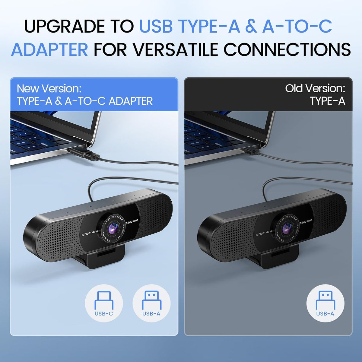 EMEET 1080P Webcam with Microphone, C960 Web Cam, 2 Mics, 90° FOV, USB Type-A & A-to-C Adapter, Plug&Play Computer Camera for Online Calling