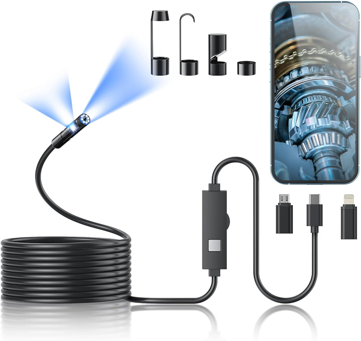 Endoscope Camera with Light, 1920P HD Borescope Tools with 8 Adjustable LED Lights, Endoscope with Semi-Rigid Snake Camera