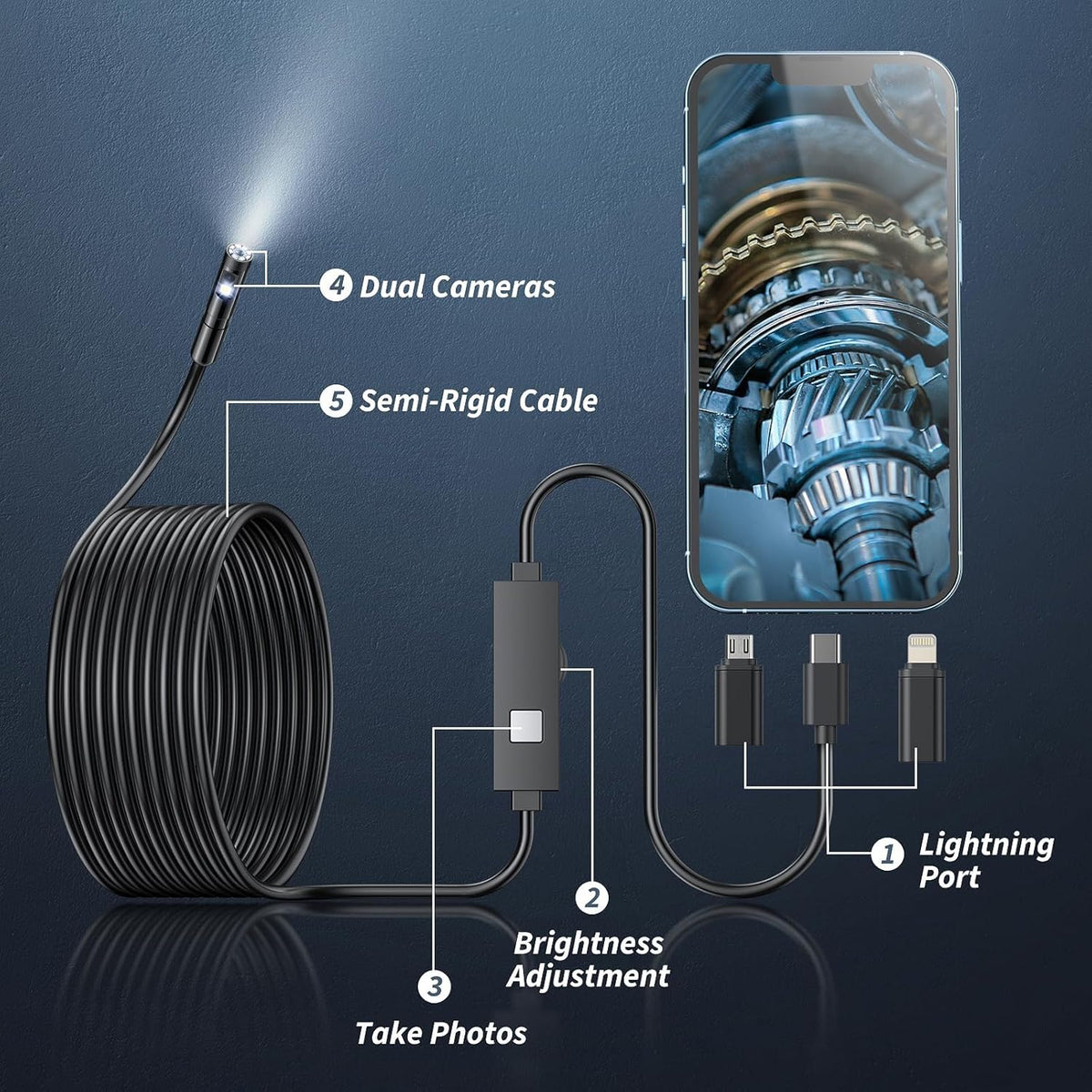 Endoscope Camera with Light, 1920P HD Borescope Tools with 8 Adjustable LED Lights, Endoscope with Semi-Rigid Snake Camera
