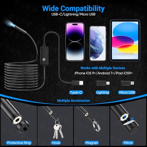 Endoscope Camera with Light, 1920P HD Borescope with 8 Adjustable LED Lights, Endoscope with Semi-Rigid Snake Cable