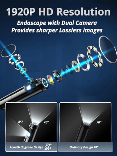 Endoscope Camera with Light, Dual-Lens 1920P HD Borescope with 8 Adjustable LED Lights, IP67 Waterproof Boroscope Inspection Tools