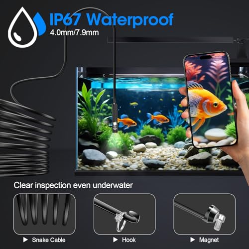 Endoscope with Light, 1920P HD Borescope with 8 Adjustable LED Lights, 16.4FT Semi-Rigid Snake Camera, IP67 Waterproof Inspection Tool (Black)