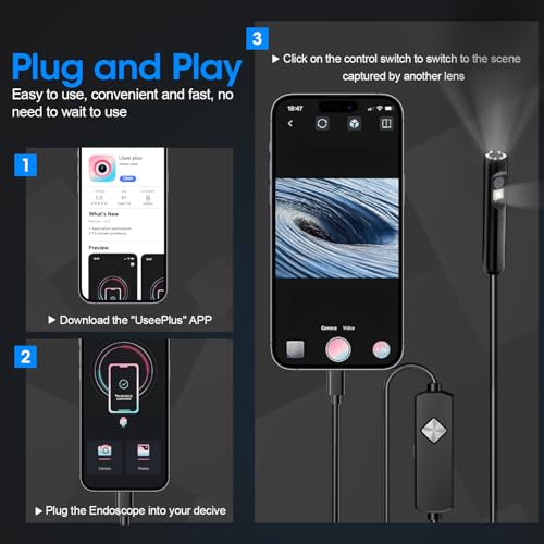 Endoscope with Light, 1920P HD Borescope with 8 Adjustable LED Lights, 16.4FT Semi-Rigid Snake Camera, IP67 Waterproof Inspection Tool (Black)
