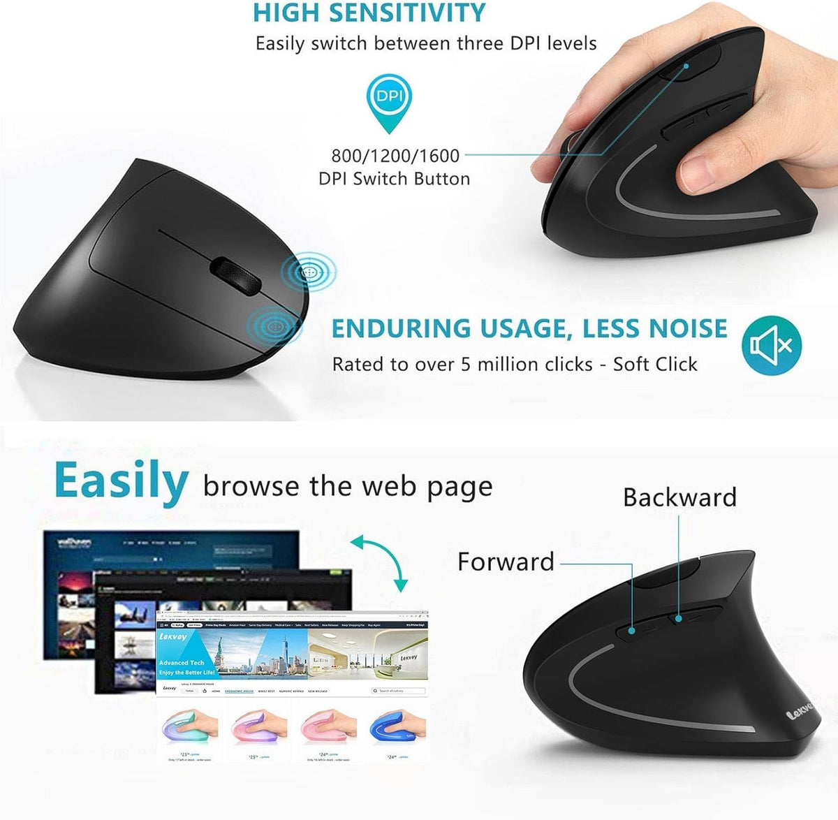 Ergonomic Mouse, LEKVEY Vertical Wireless Mouse - Rechargeable 2.4G Optical Vertical Mice, 3 Adjustable DPI 800/1200/1600 Levels 6 Buttons (Black)