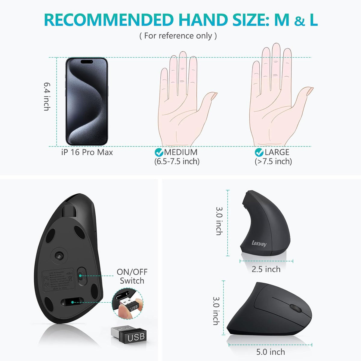Ergonomic Mouse, LEKVEY Vertical Wireless Mouse - Rechargeable 2.4G Optical Vertical Mice, 3 Adjustable DPI 800/1200/1600 Levels 6 Buttons (Black)