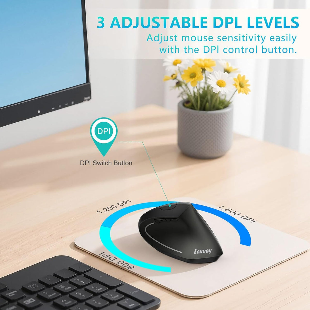 Ergonomic Mouse, LEKVEY Vertical Wireless Mouse - Rechargeable 2.4G Optical Vertical Mice, 3 Adjustable DPI 800/1200/1600 Levels 6 Buttons (Black)
