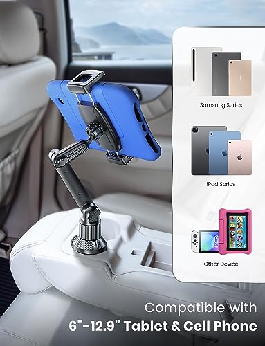 eSamcore Tablet Holder for Car, for iPad Stand Cup Holder Car Mount with 1.57" Depth Large Clamp 15" Height Adjustable Tab Mount Holder
