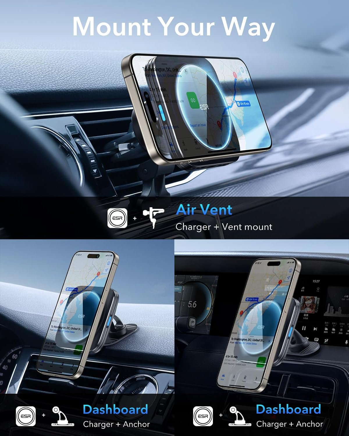 ESR for MagSafe Car Mount Charger, 15W Magnetic Wireless Car Charger, for MagSafe Car Charging, Air Vent Dashboard Phone Holder Mount
