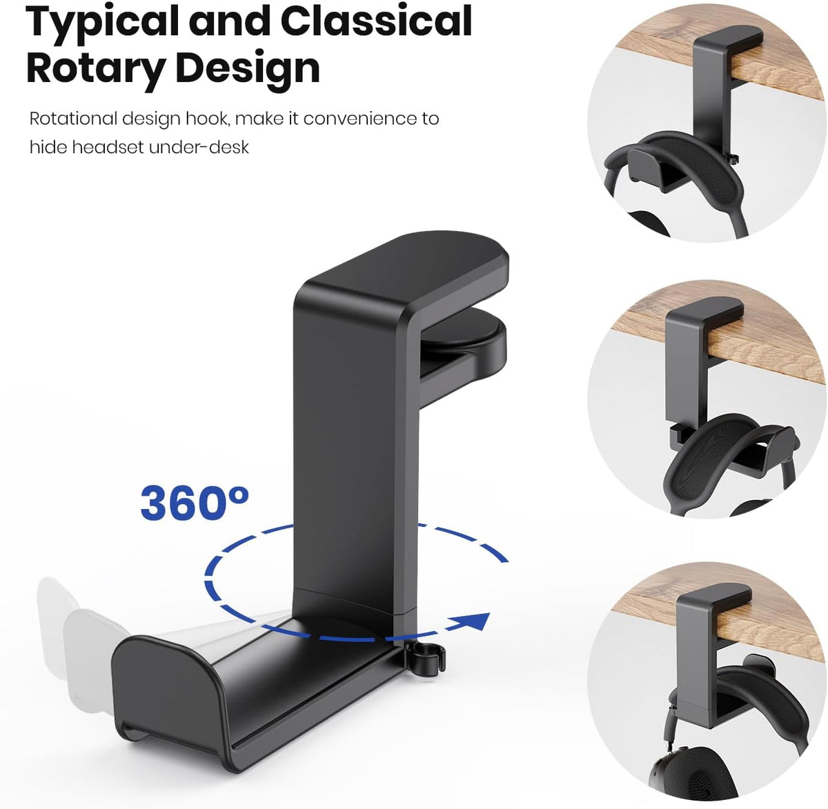EURPMASK Rotating Headphone Stand - PC Gaming Headset Holder, Adjustable Clamp-on Under Desk Hanger (Black)