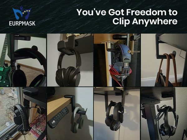 EURPMASK Rotating Headphone Stand - PC Gaming Headset Holder, Adjustable Clamp-on Under Desk Hanger (Black)