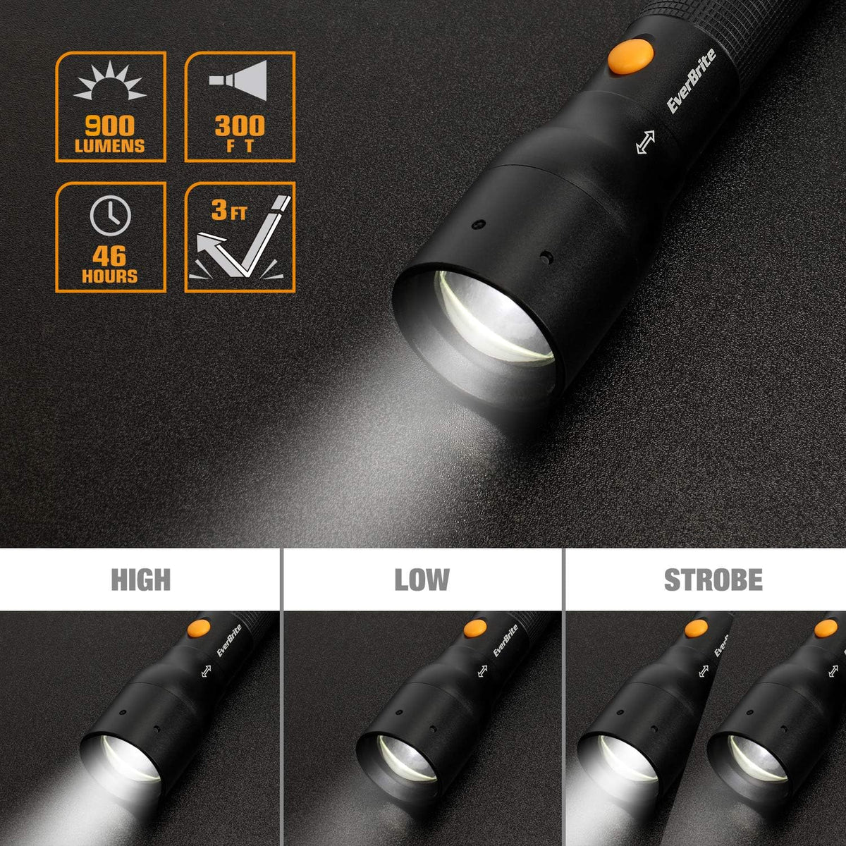 EverBrite Ultra Bright Tactical Flashlight, 900 Lumen Zoomable Adjustable Focus, 3 Light Modes, Heavy-Duty Aluminum Torch