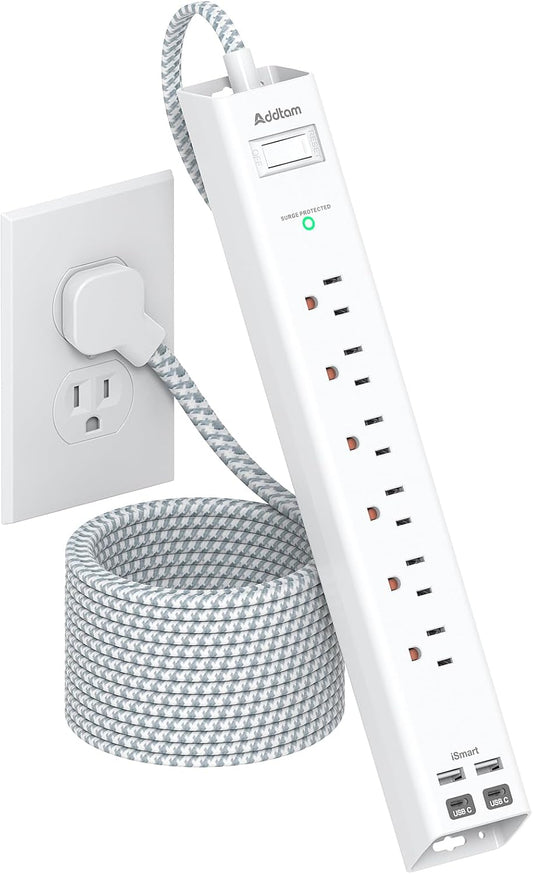 Extension Cord 10 ft - Long Power Strip Surge Protector, 6 AC Outlet 4 USB (2 USB C), Flat Plug, Wall Mount