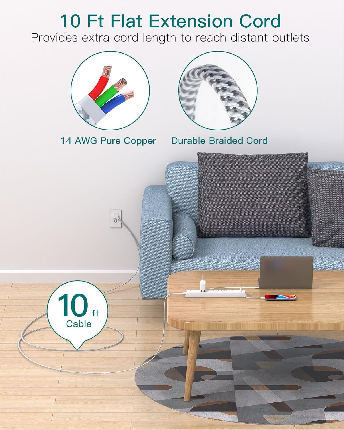 Extension Cord 10 ft - Long Power Strip Surge Protector, 6 AC Outlet 4 USB (2 USB C), Flat Plug, Wall Mount