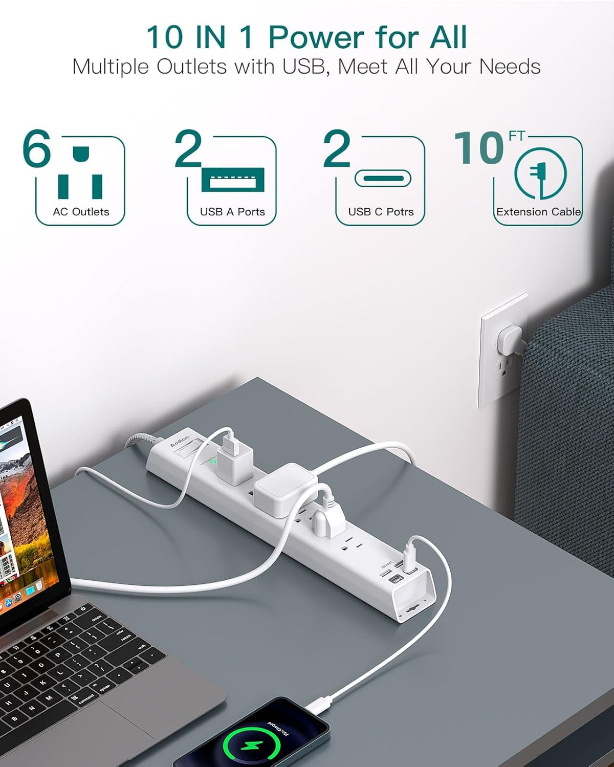 Extension Cord 10 ft - Long Power Strip Surge Protector, 6 AC Outlet 4 USB (2 USB C), Flat Plug, Wall Mount