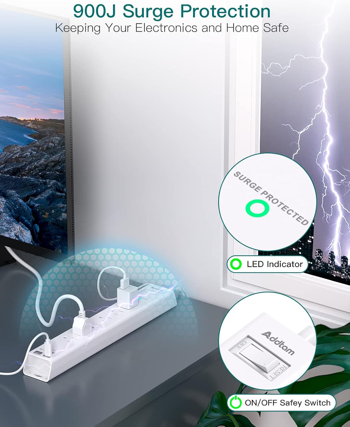 Extension Cord 10 ft - Long Power Strip Surge Protector, 6 AC Outlet 4 USB (2 USB C), Flat Plug, Wall Mount